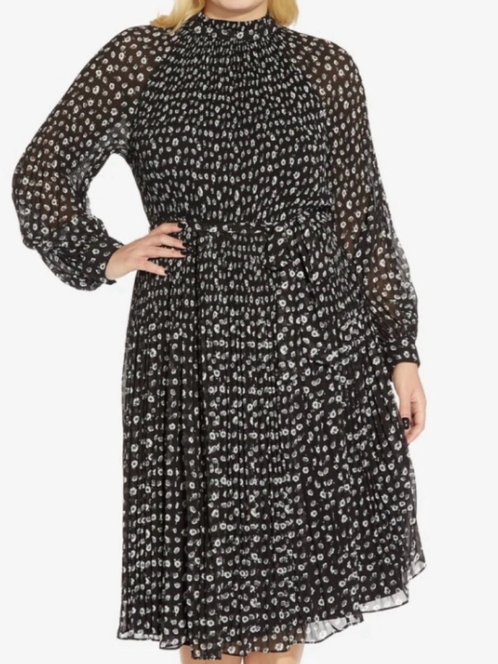 Adrianna Papell 18W Black Ivory Floral Pleated Chiffon Midi Dress High Neck